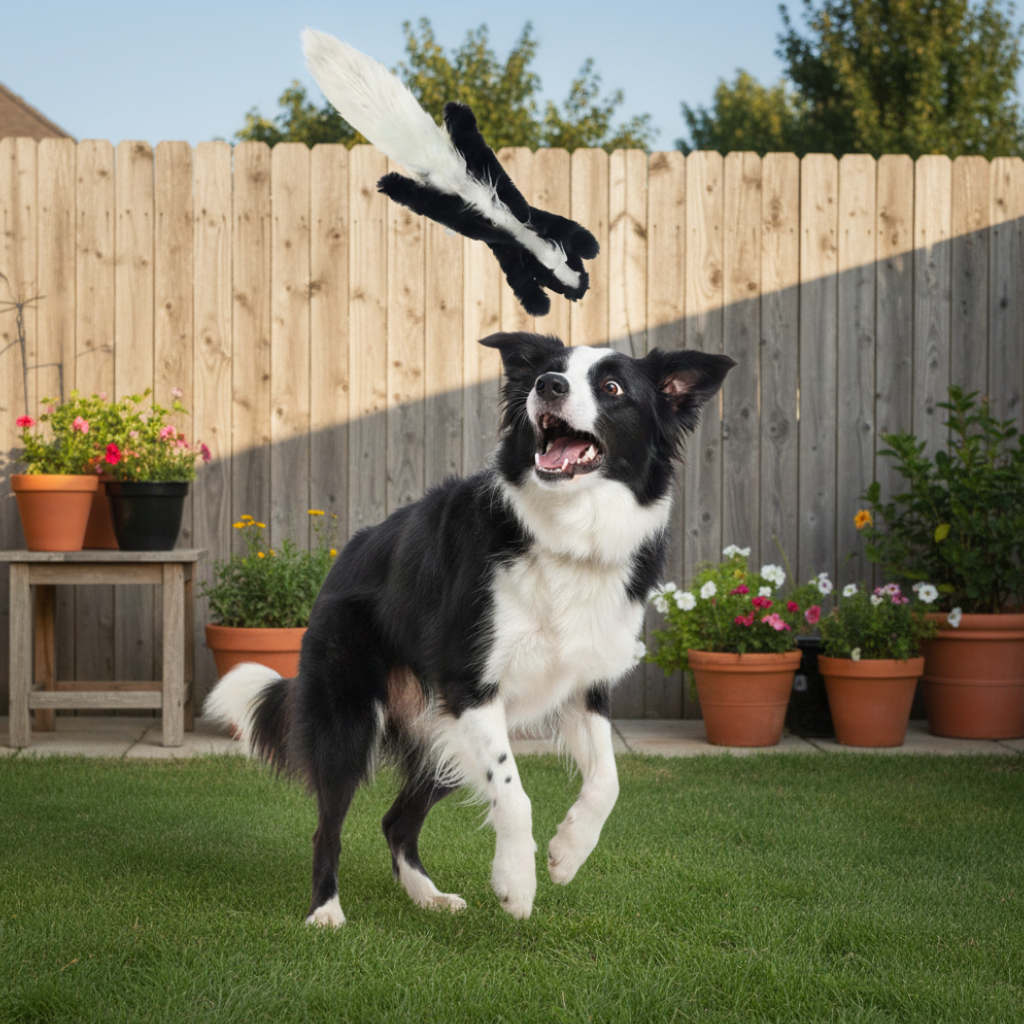 Black and white skunk-shaped chew toy, held in a dog’s mouth.