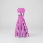 Pink octopus-shaped plush chew toy with large eyes.
