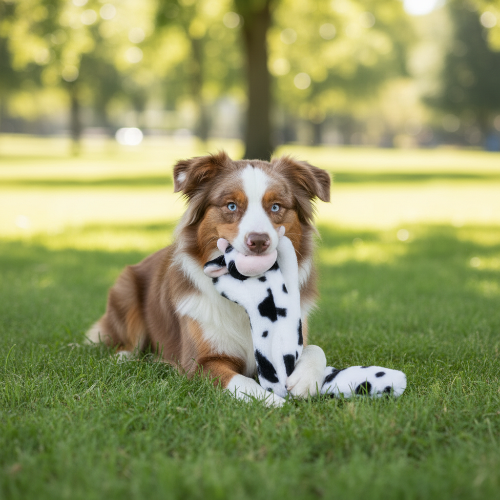Black-and-white zebra-striped chew toy, seen with a dog holding it.