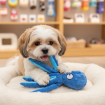 Animal-shaped rubber molar chew toy, blue sea creature design with textured body