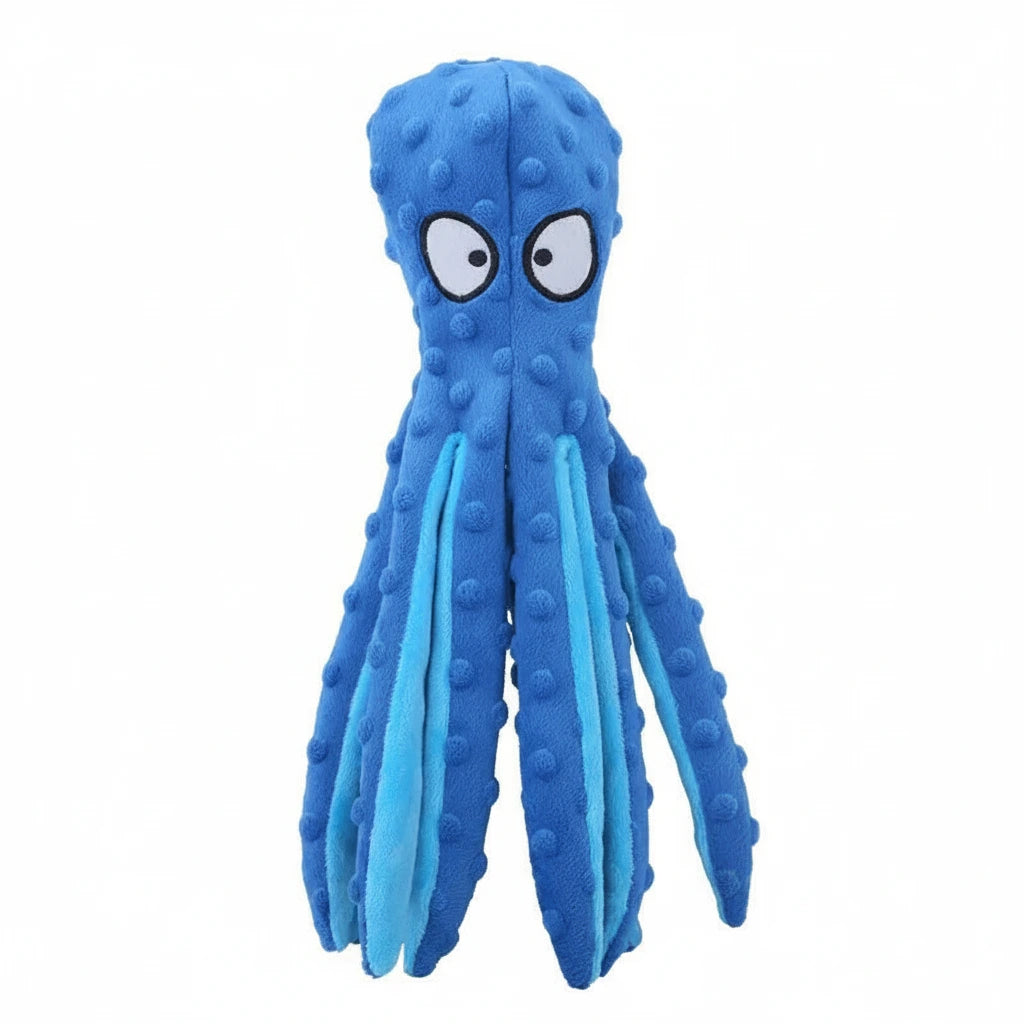 Animal-shaped rubber molar chew toy, blue octopus design with textured tentacles