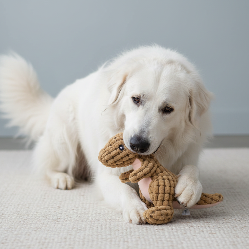 Tan animal-shaped rubber molar chew toy figure with textured body, held by a dog