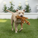 Tiger-striped animal chew toy, orange with black stripes and small dark paws