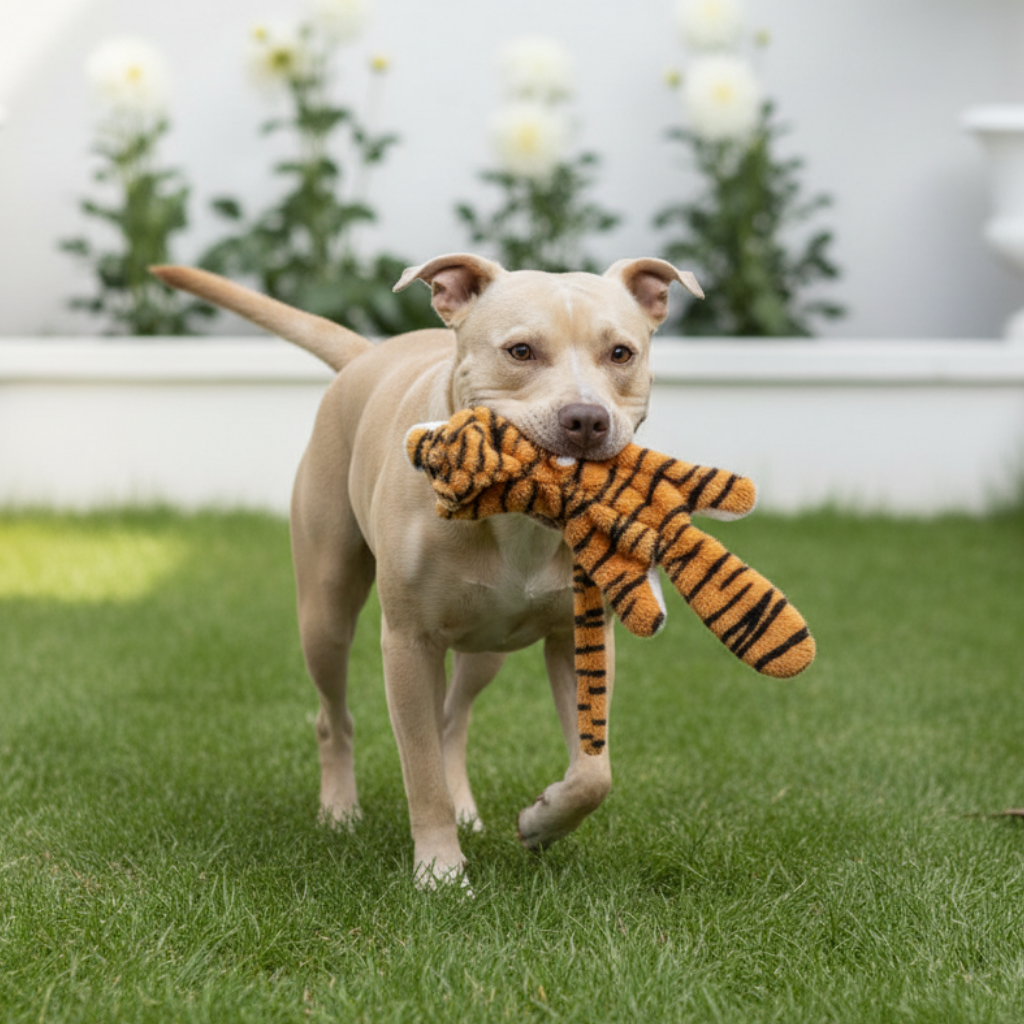 Tiger-striped animal chew toy, orange with black stripes and small dark paws