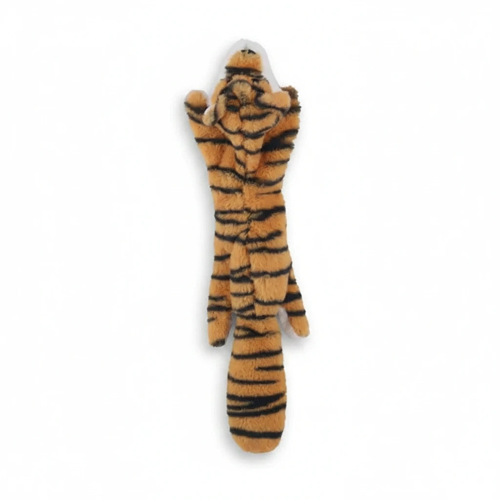 Animal-shaped chew toy, tiger-striped with orange body and black stripes