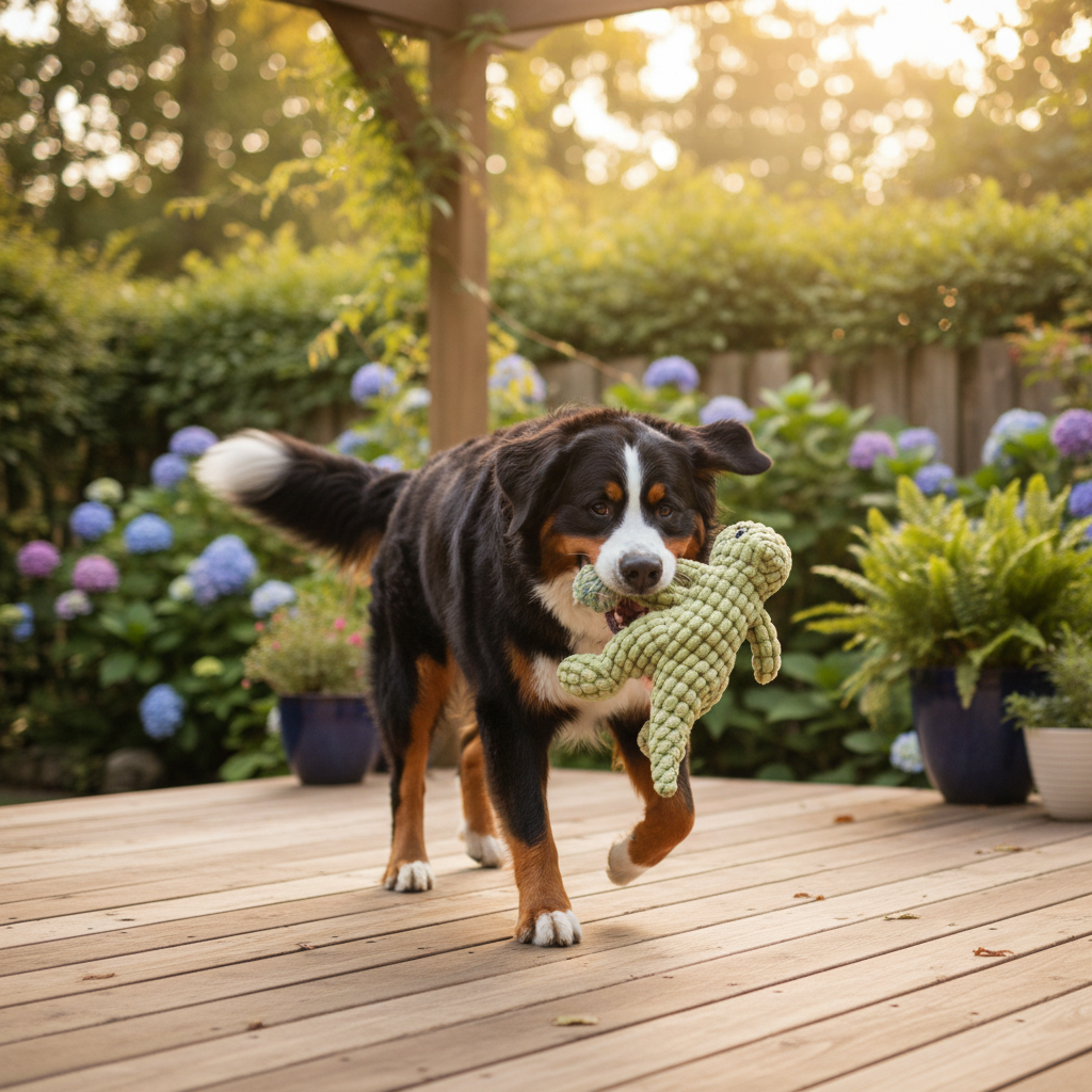 Green animal-shaped rubber molar chew toy with textured body, carried by a dog