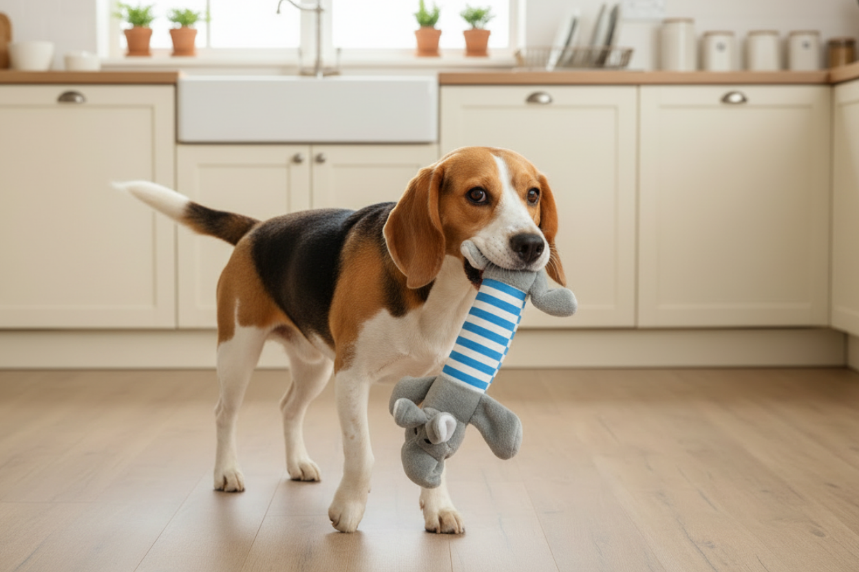 Gray and blue striped chew toy with long body, standing by a dog.