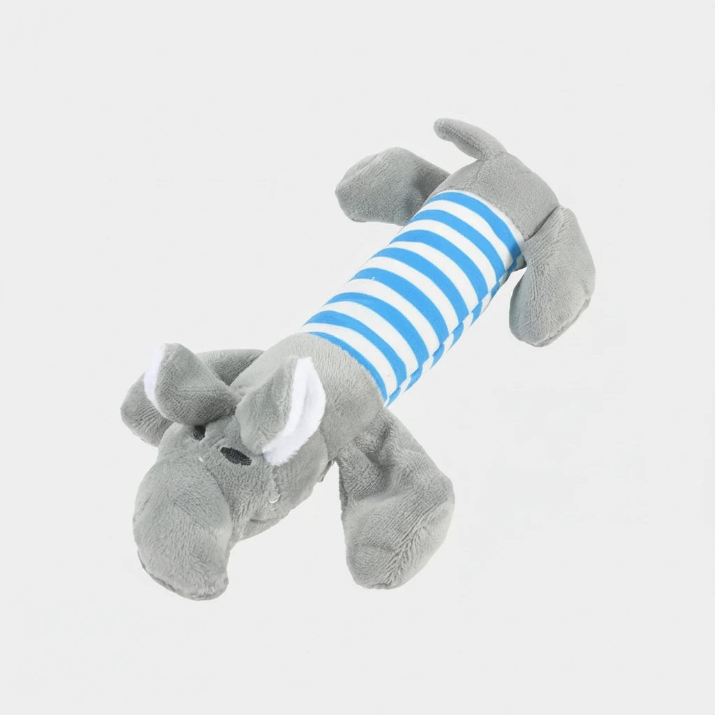 Gray plush chew toy with blue-and-white striped center and legs.