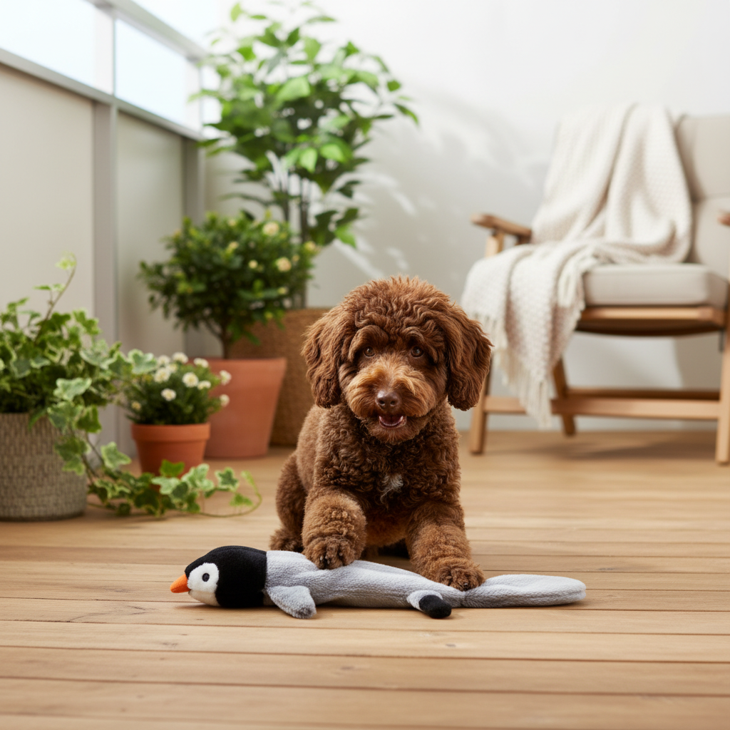 Penguin-shaped chew toy, gray with black head and orange beak