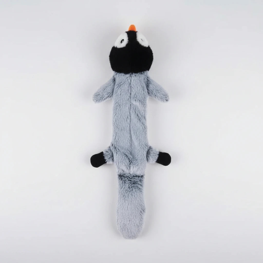 Penguin-shaped chew toy, light gray body with black head and orange beak