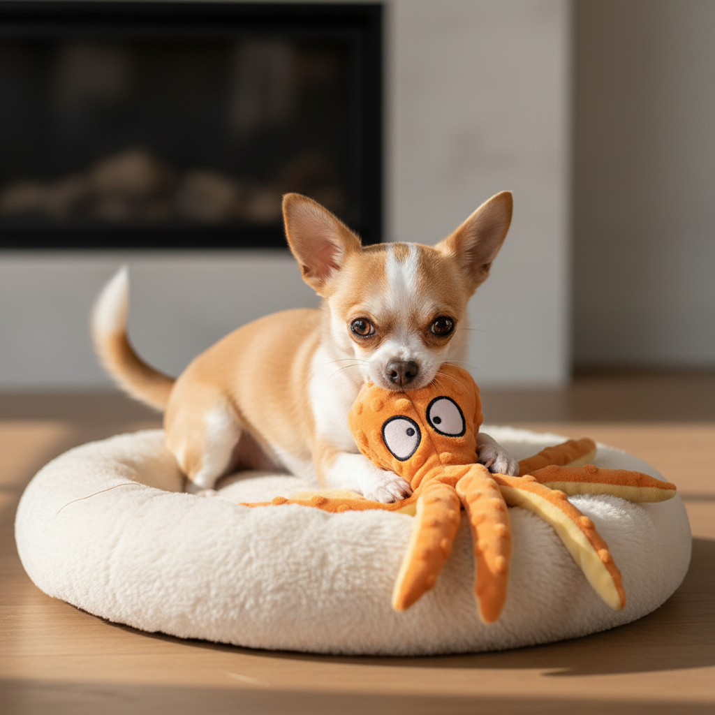 Animal-shaped rubber molar chew toy, orange octopus design with textured tentacles