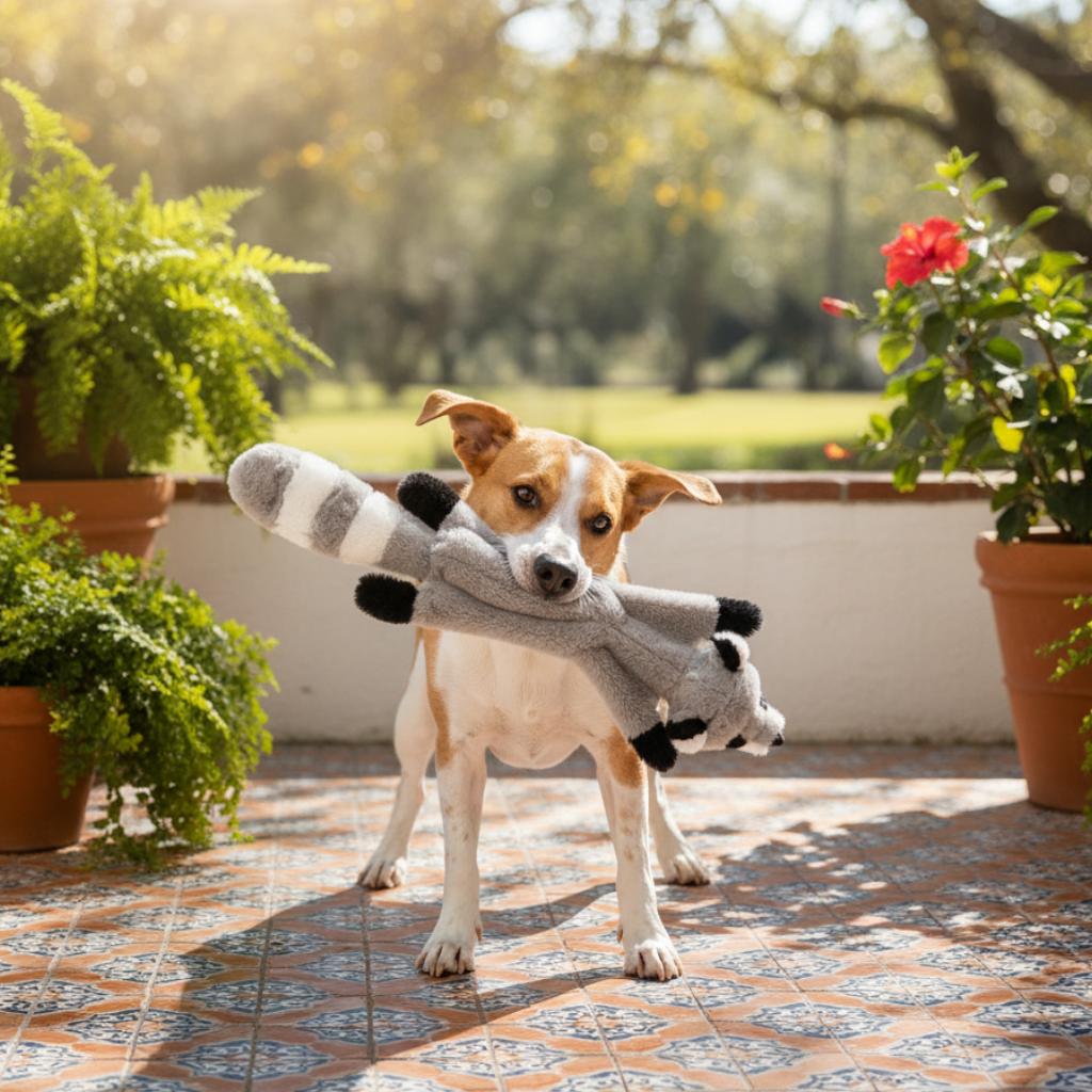 Black-and-white striped chew toy stretched across the grass.