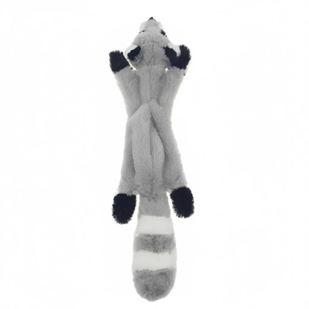 Gray and white skunk-shaped chew toy with black paw accents.
