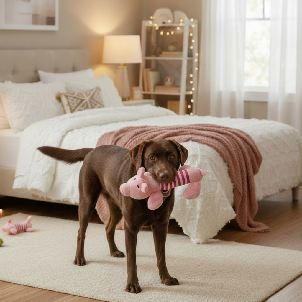 Pink pig-shaped chew toy on a living room carpet with a dog nearby.