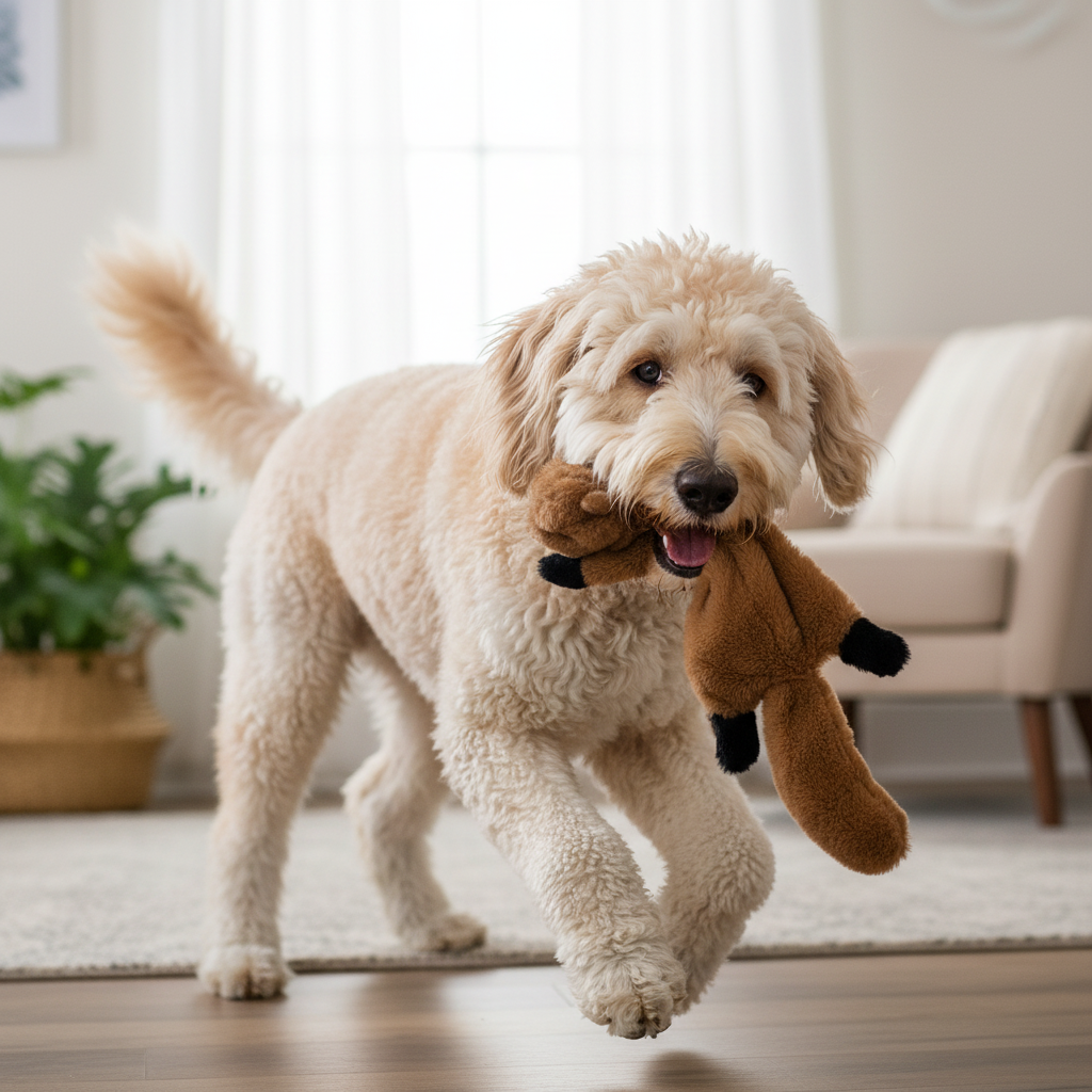 Animal-shaped chew toy, brown plush figure with black feet and curled arms