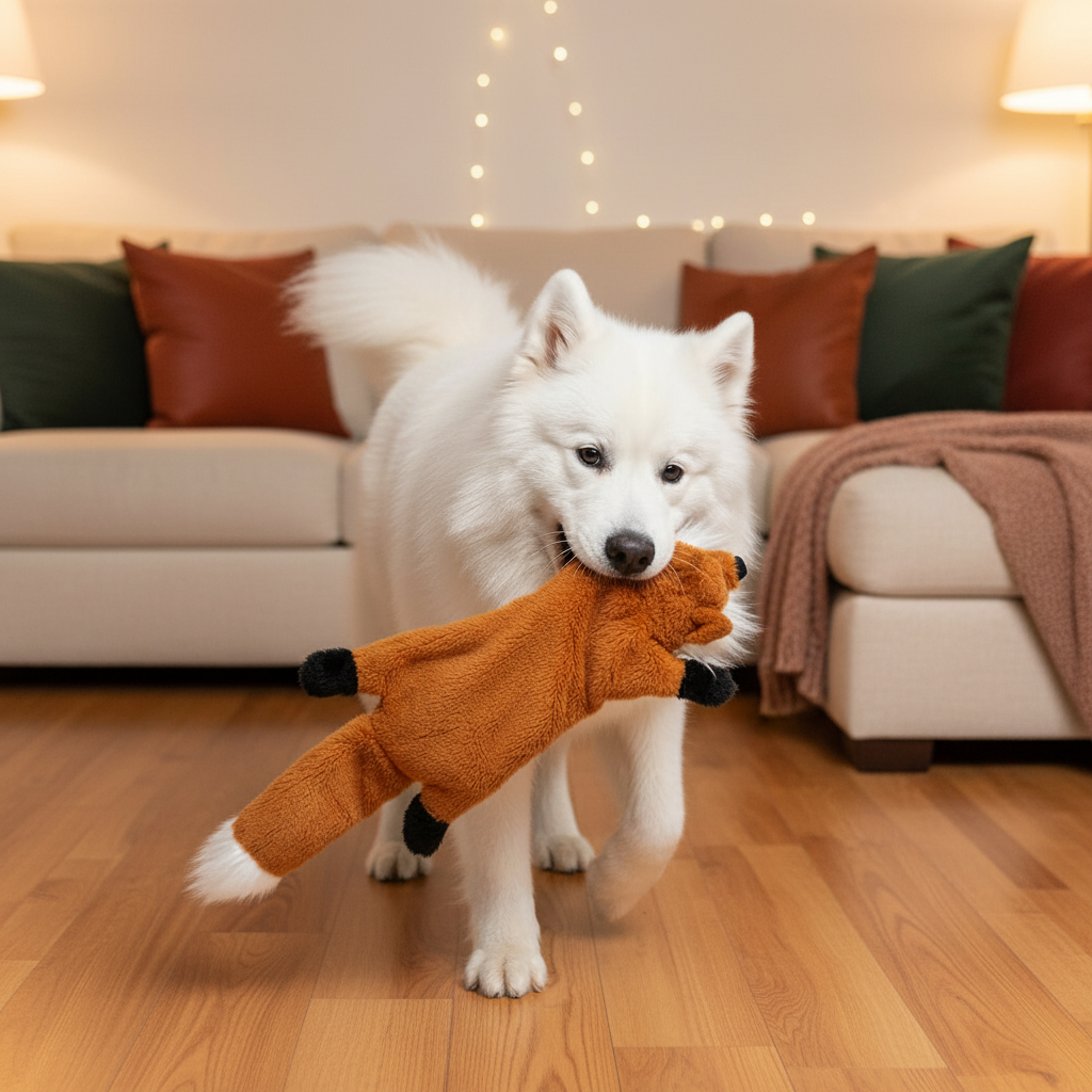 Animal-shaped chew toy, orange-brown with black feet and rounded plush body