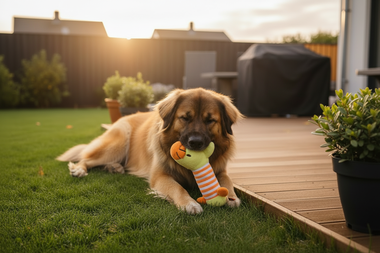 Orange striped animal-shaped rubber molar chew toy with long body, carried by a dog