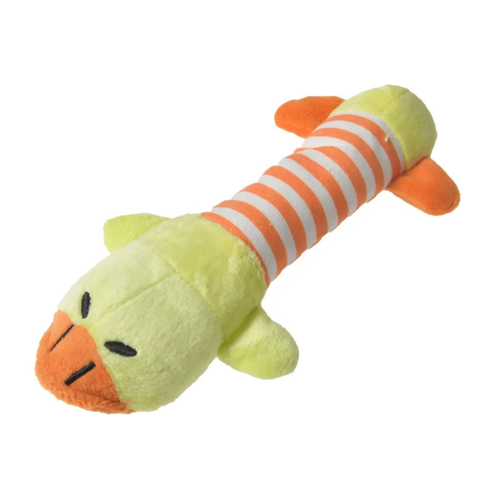 Orange and green striped animal-shaped rubber molar chew toy with black button eyes