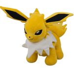 Stuffed plush dog toy, yellow and white fox-like character with black ears and curled tail
