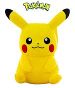 Stuffed plush dog toy, yellow mouse-like character sitting with black-tipped ears and red cheeks