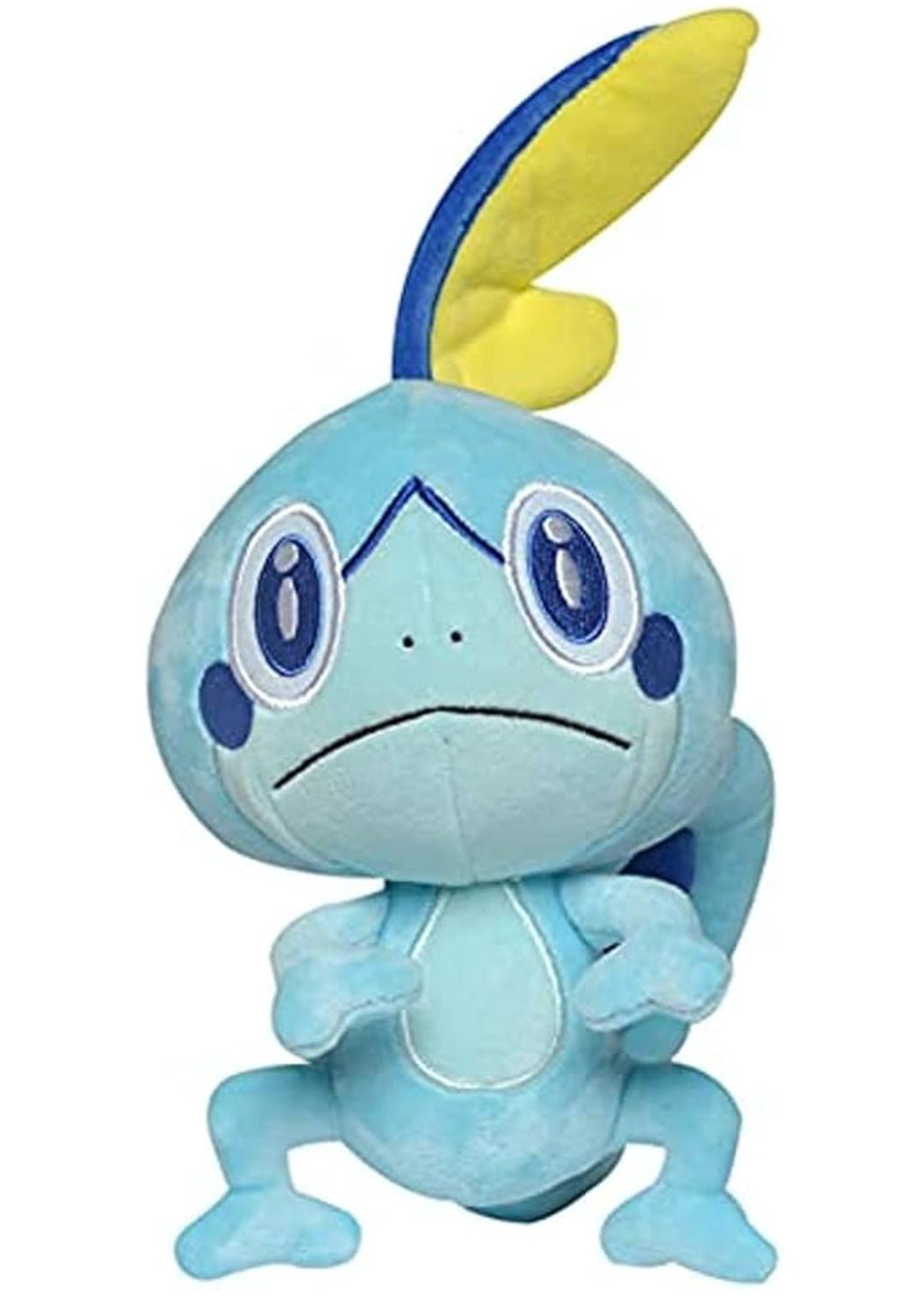 Stuffed plush dog toy, light blue amphibian-like character with large round ears and red eyes