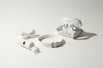 White leather set with bowtie collar, harness, leash, and poop bag holder