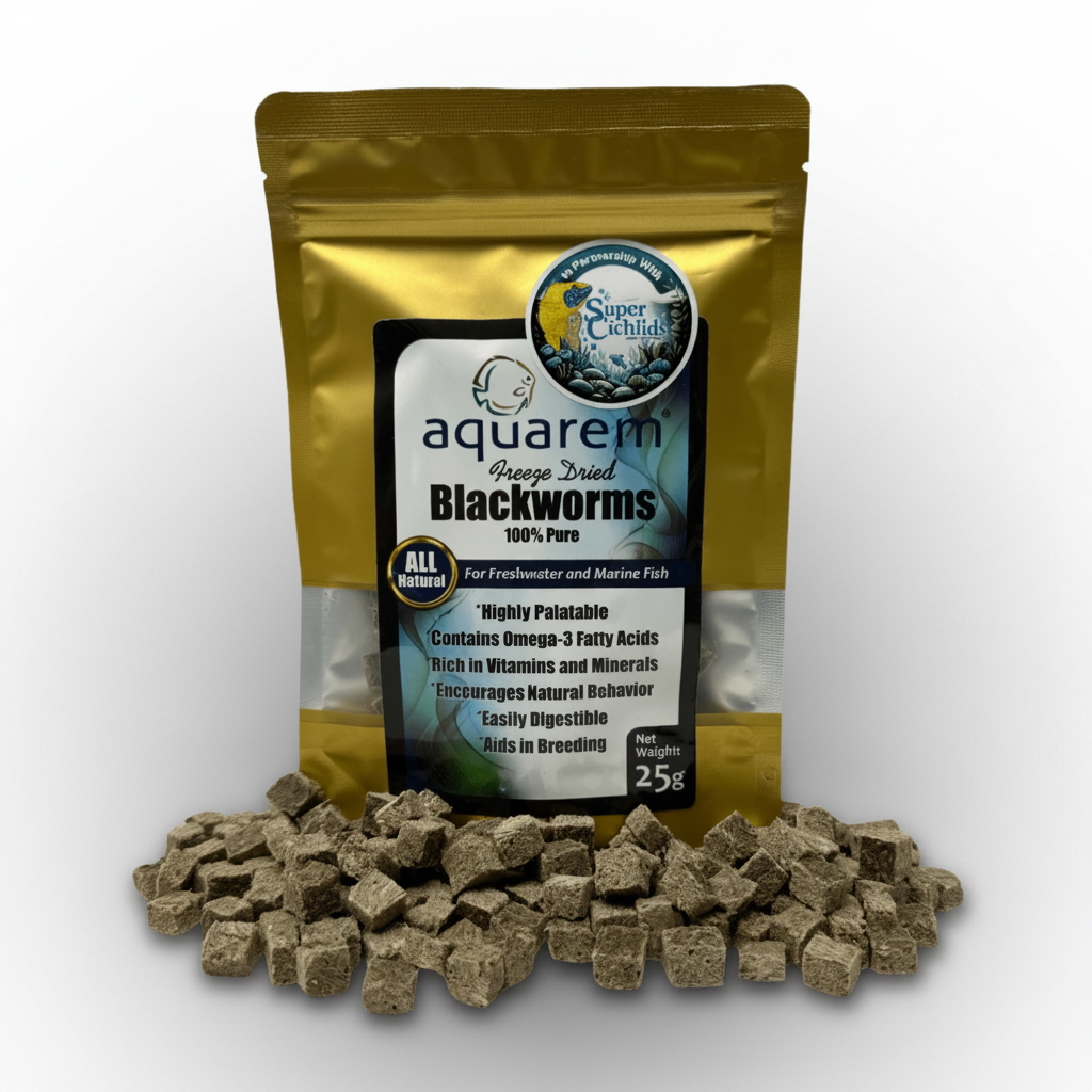 Freeze-dried blackworms pouch with visible cube pellets and a pile of cubes