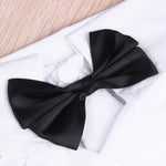 Close-up of black bow tie on white shirt collar of pet tuxedo suit