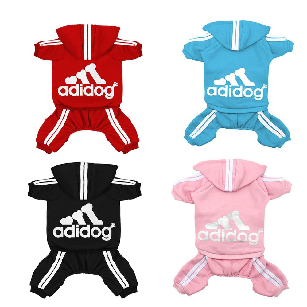 Red pet four-leg hoodie with hood, white stripes, and adidog logo on the chest.