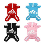 Red pet four-leg hoodie with hood, white stripes, and adidog logo on the chest.