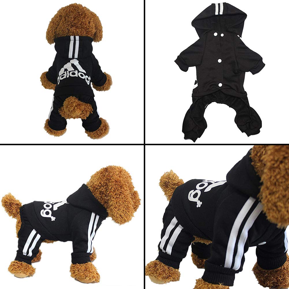 Adidog four-leg pet hoodie, black knit with hood, white stripe detail and logo print