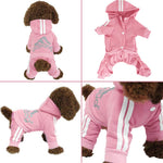 Pink four-leg pet hoodie with hood, white stripe detail and front logo print