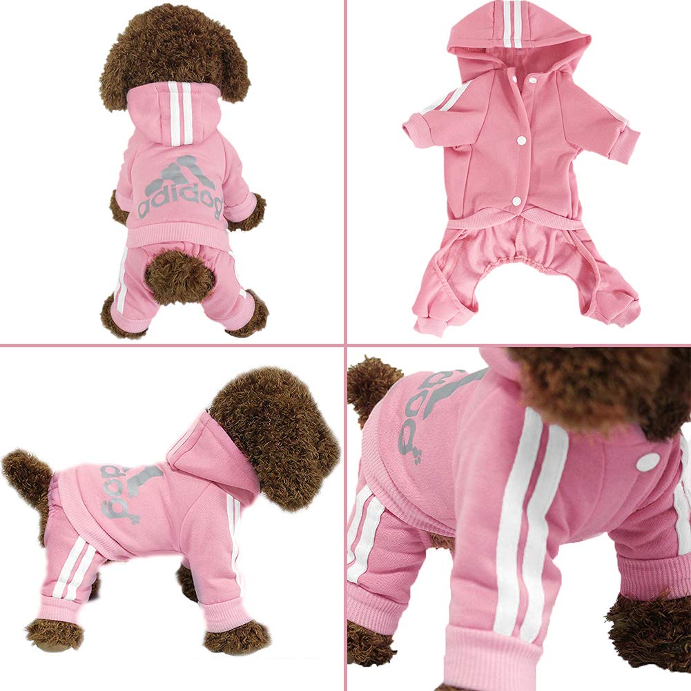 Pink four-leg pet hoodie with hood, white stripe detail and front logo print