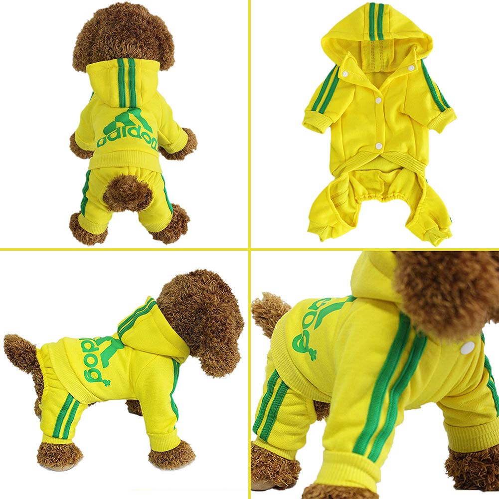 Yellow four-leg pet hoodie with hood, green stripe trim and front logo print