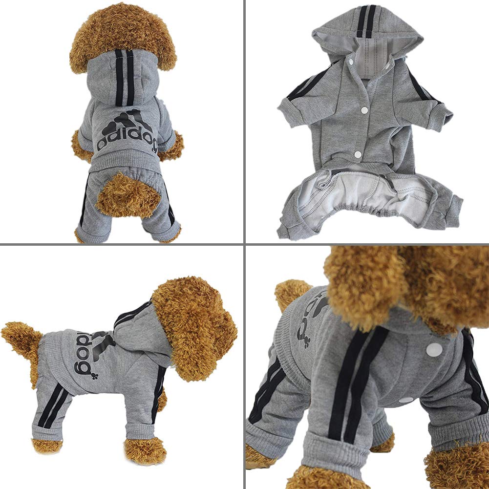 Gray four-leg pet hoodie with hood, black stripes, front logo print and snap closure