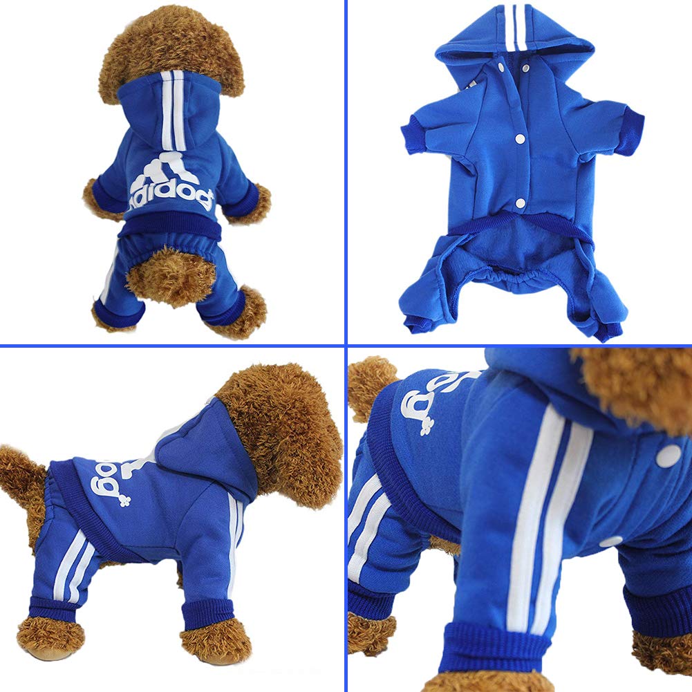 Blue four-leg pet hoodie with hood, white stripe accents and front logo print
