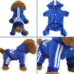 Blue four-leg pet hoodie with hood, white stripe accents and front logo print