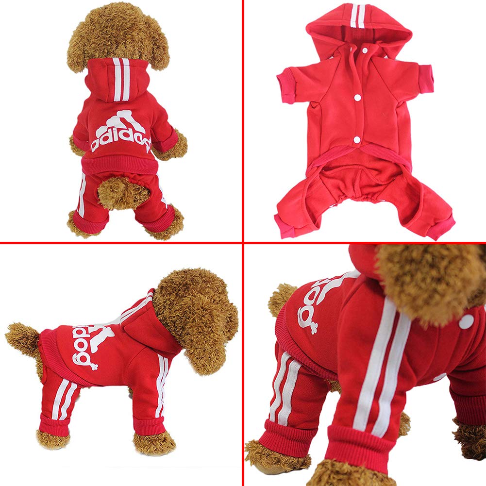 Red four-leg pet hoodie with hood, white stripe accents and front logo print