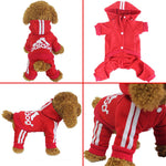 Red four-leg pet hoodie with hood, white stripe accents and front logo print