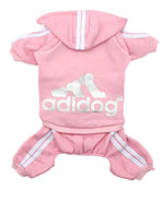 Pink pet four-leg hoodie with hood, white stripes, and adidog logo on the belly.