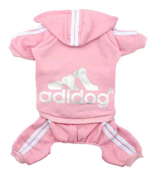 Pink pet four-leg hoodie with hood, white stripes, and adidog logo on the belly.