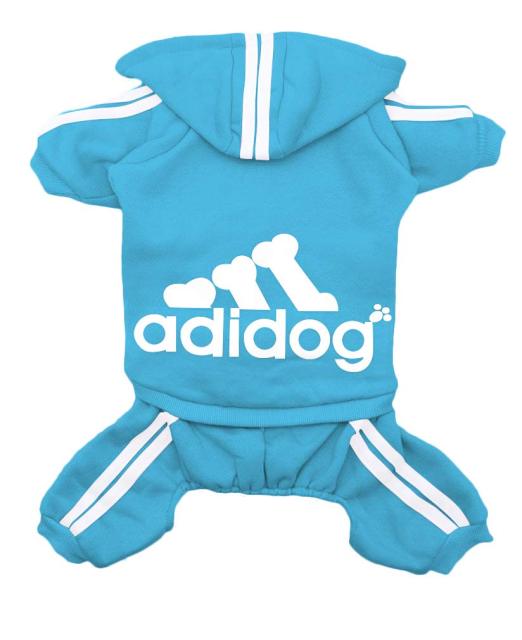 Light blue pet four-leg hoodie with hood, white stripes, and adidog logo on the belly.