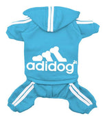 Light blue pet four-leg hoodie with hood, white stripes, and adidog logo on the belly.