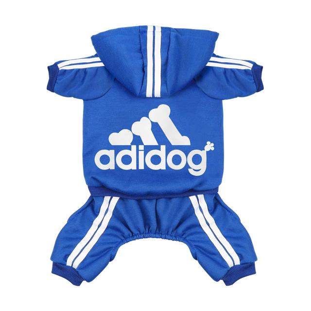 Blue pet four-leg hoodie with hood, white stripes, and adidog logo on the belly.