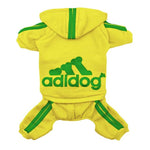 Yellow pet four-leg hoodie with hood, green stripes, and adidog logo on the belly.