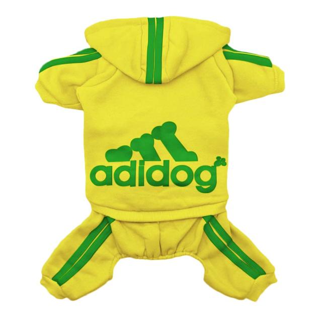 Yellow pet four-leg hoodie with hood, green stripes, and adidog logo on the belly.