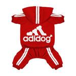 Red pet four-leg hoodie with hood, white stripes, and adidog logo on the chest.