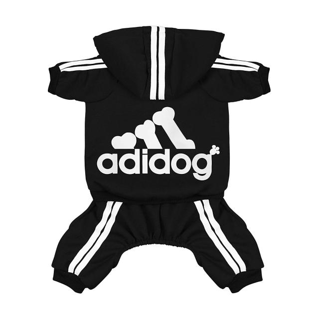 Black pet four-leg hoodie with hood, white stripes, and adidog logo on the chest.