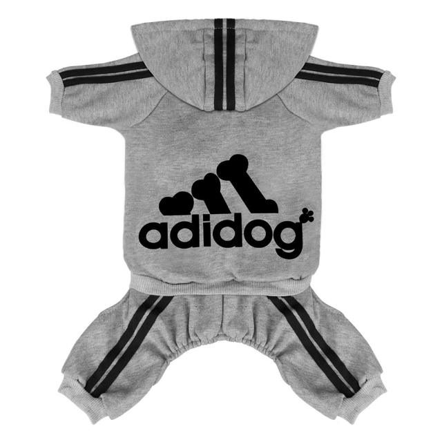 Adidog four-leg pet hoodie, gray knit with hood, black logo and black stripe trim
