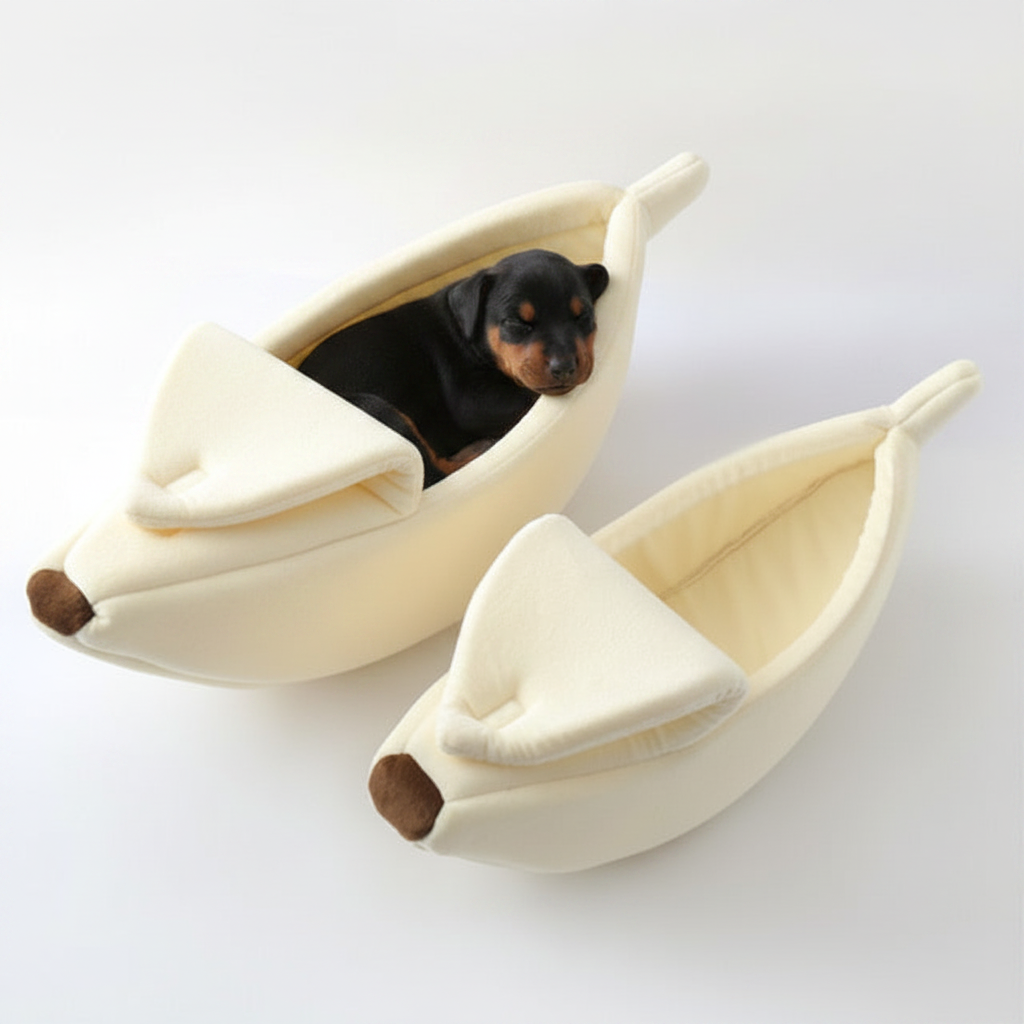 Cream banana-shaped plush pet bed set of 2 with dogs resting inside